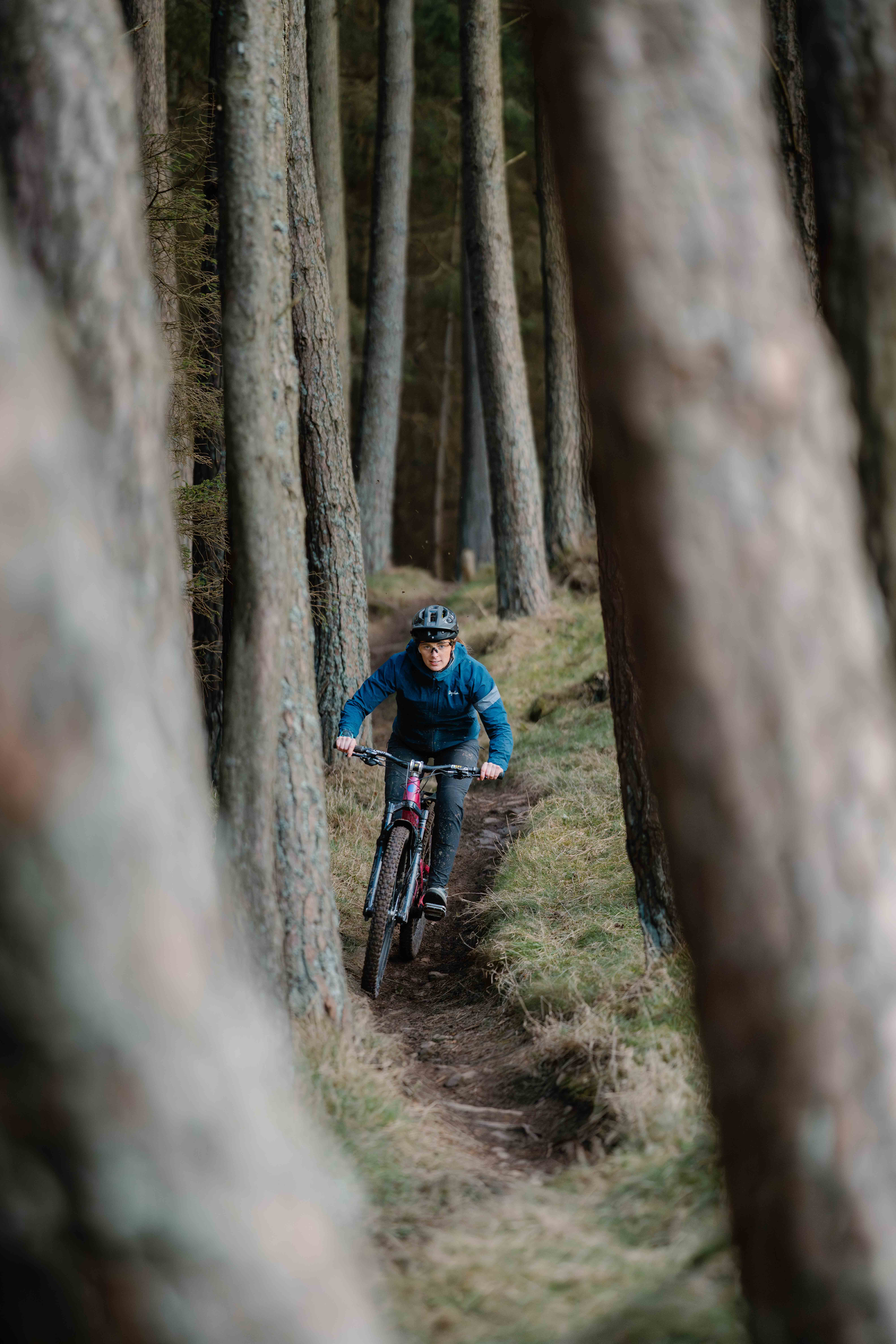 A man in a blue jacket riding a mountain bike through a forest